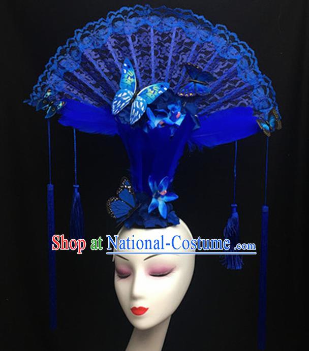 Top Halloween Giant Hair Accessories Chinese Traditional Catwalks Blue Lace Headpiece for Women