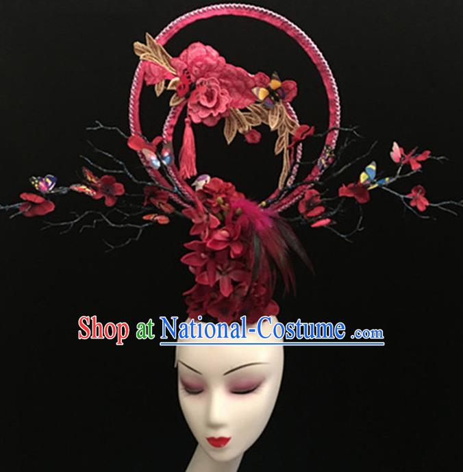 Top Halloween Giant Hair Accessories Chinese Traditional Catwalks Rosy Peony Headpiece for Women