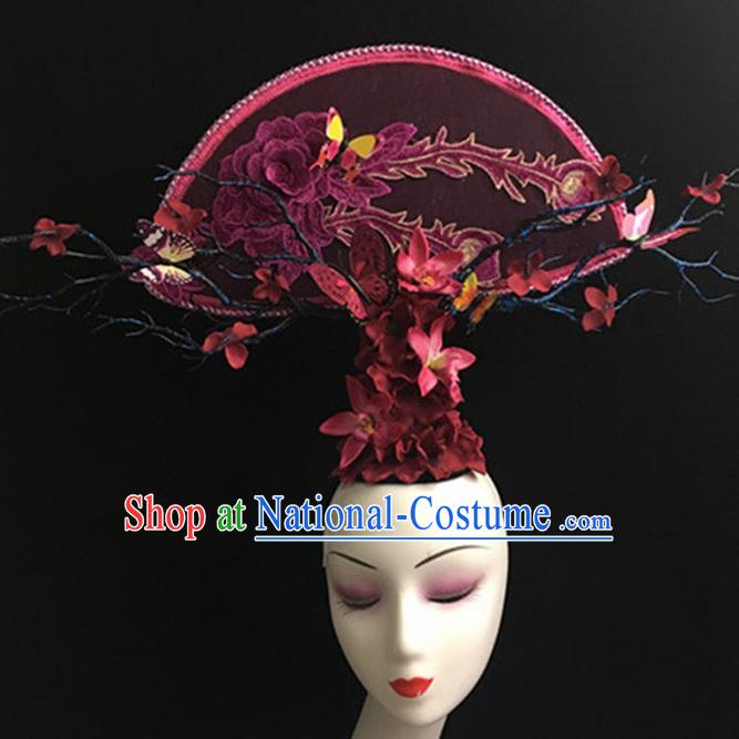 Top Halloween Giant Hair Accessories Chinese Traditional Catwalks Purple Peony Headpiece for Women