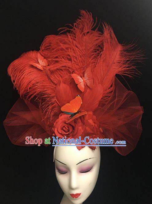 Top Halloween Catwalks Hair Accessories Stage Show Red Feather Headdress for Women