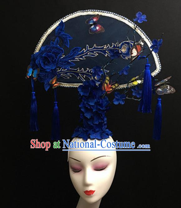 Top Halloween Giant Blue Peony Hair Accessories Chinese Traditional Catwalks Headpiece for Women