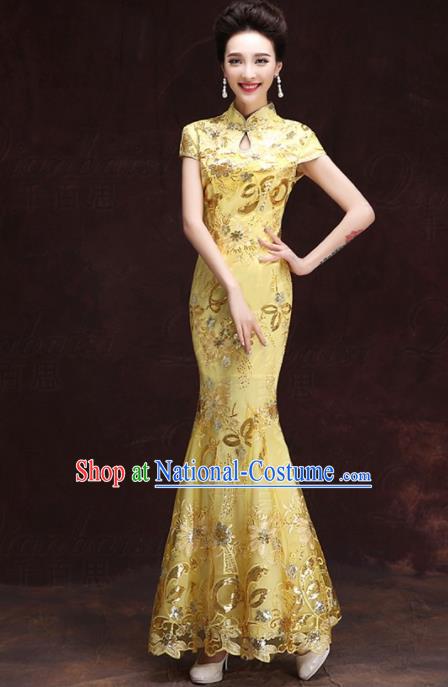 Chinese Traditional Costumes Elegant Mermaid Full Dress Yellow Qipao Dress for Women