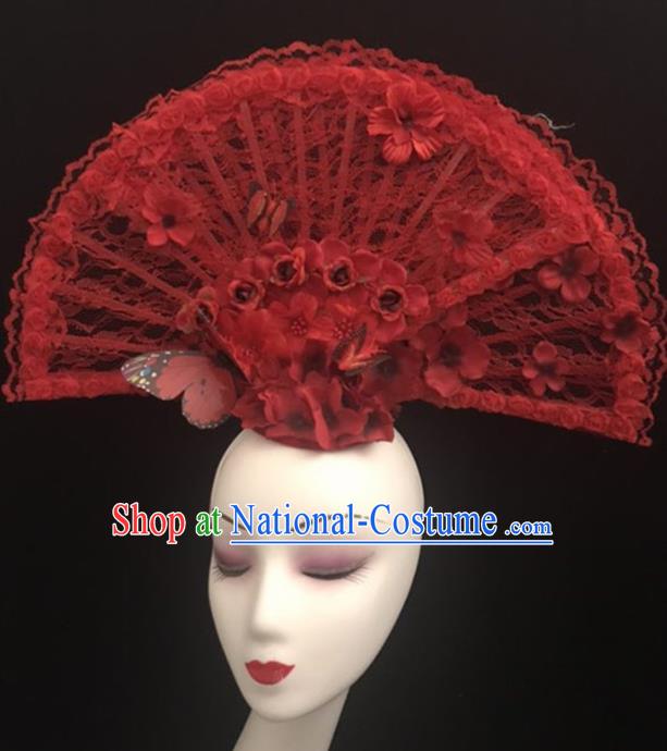 Top Halloween Hair Accessories Chinese Traditional Catwalks Red Lace Fan Headdress for Women