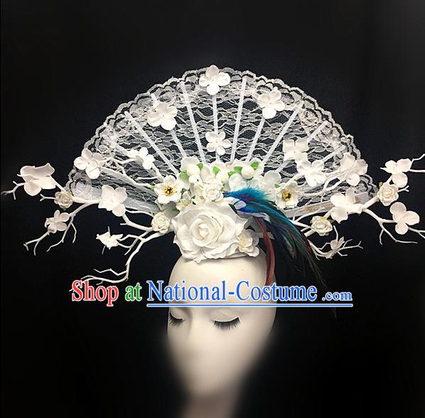 Top Halloween White Lace Peony Giant Hair Accessories Stage Show Chinese Traditional Palace Catwalks Headpiece for Women