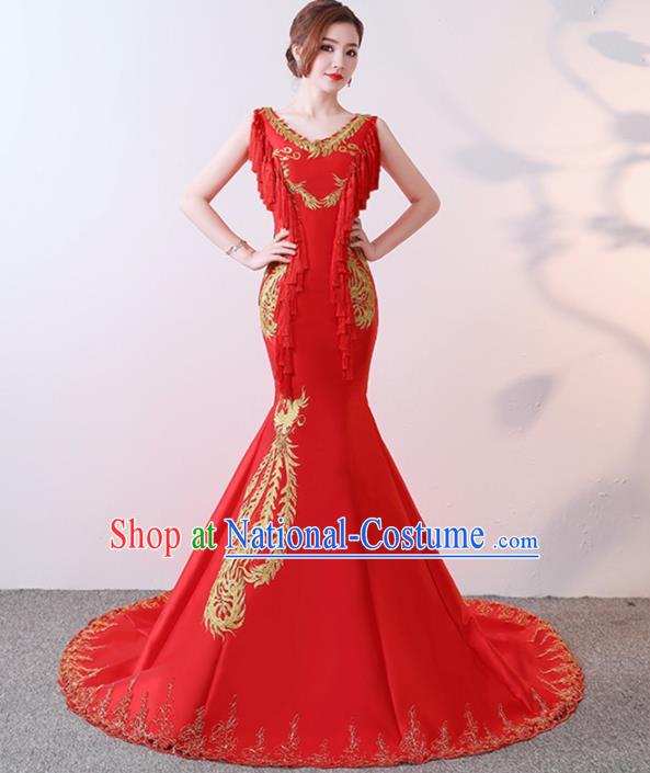 Chinese Traditional Costumes Elegant Red Trailing Full Dress Qipao Dress for Women