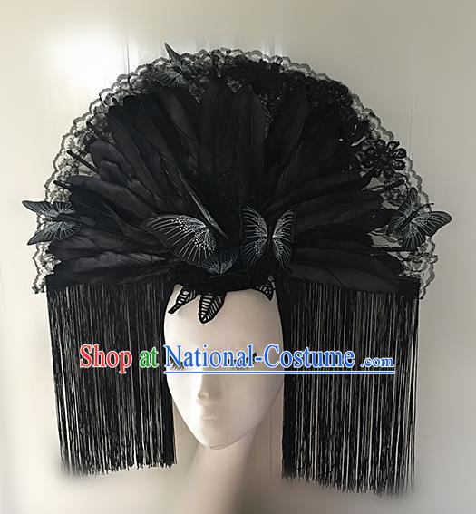 Top Halloween Black Feather Tassel Giant Hair Accessories Stage Show Chinese Traditional Palace Catwalks Headpiece for Women