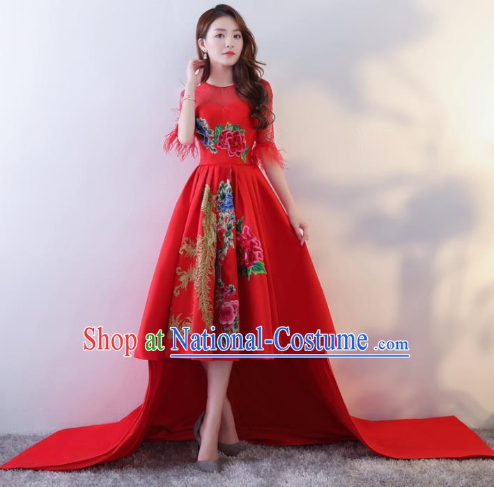 Chinese Traditional Costumes Elegant Red Full Dress Compere Qipao Dress for Women