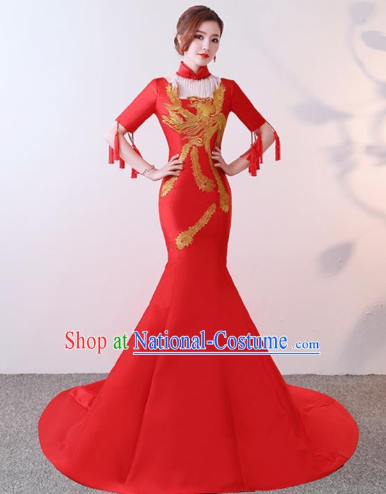 Chinese Traditional Costumes Elegant Red Full Dress Compere Qipao Dress for Women