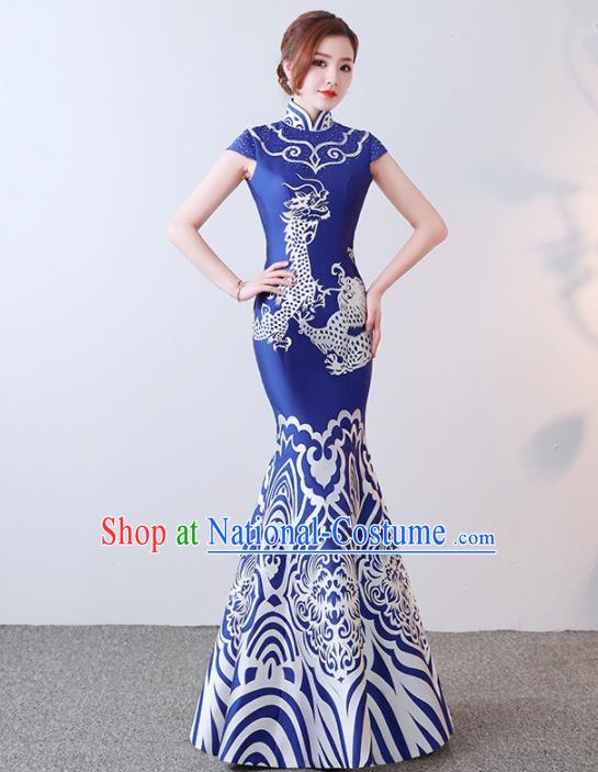 Chinese Traditional Qipao Dress Elegant Compere Blue Full Dress for Women