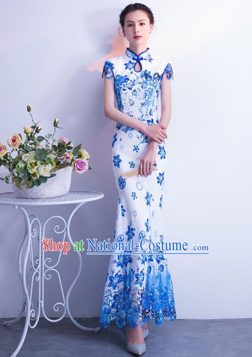 Chinese Traditional Blue Cheongsam Mermaid Qipao Dress Elegant Compere Full Dress for Women