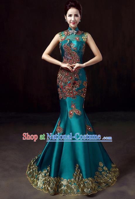 Chinese Traditional Green Cheongsam Mermaid Qipao Dress Elegant Compere Full Dress for Women