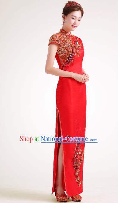 Chinese Traditional Red Cheongsam Elegant Qipao Dress Compere Full Dress for Women