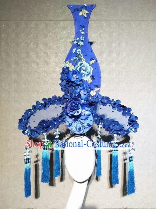 Asian Chinese Traditional Hair Accessories Catwalks Blue Vase Flowers Headdress for Women