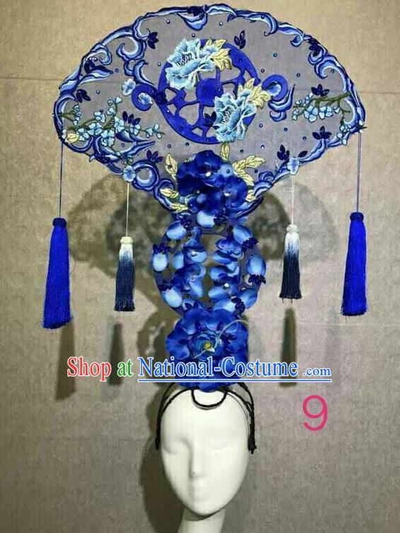 Asian Chinese Traditional Hair Accessories Catwalks Embroidered Blue Peony Headdress for Women