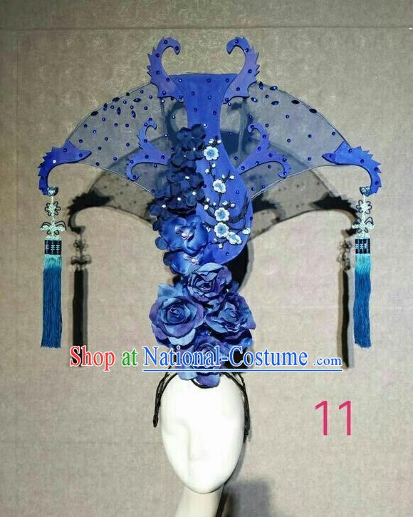 Asian Chinese Traditional Hair Accessories Catwalks Blue Peony Headdress for Women