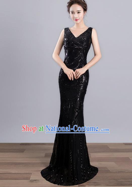 Top Grade Stage Performance Costumes Modern Dance Elegant Black Sequins Full Dress for Women