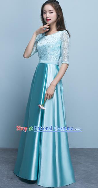 Top Grade Stage Performance Compere Blue Formal Dress Chorus Elegant Lace Full Dress for Women