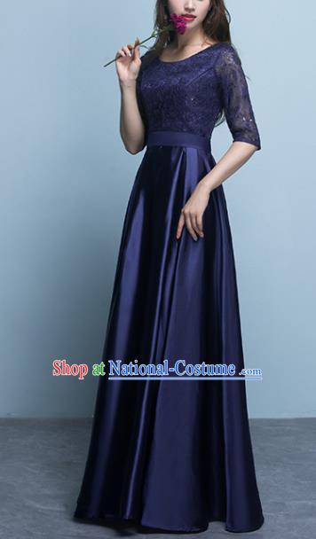 Top Grade Stage Performance Compere Deep Blue Formal Dress Chorus Elegant Lace Full Dress for Women