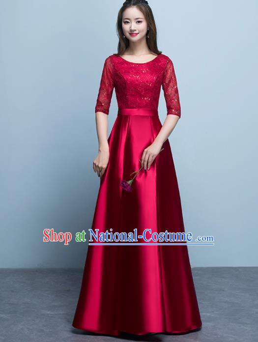 Top Grade Stage Performance Compere Wine Red Formal Dress Chorus Elegant Lace Full Dress for Women