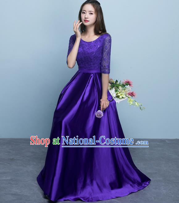 Top Grade Stage Performance Compere Purple Formal Dress Chorus Elegant Lace Full Dress for Women