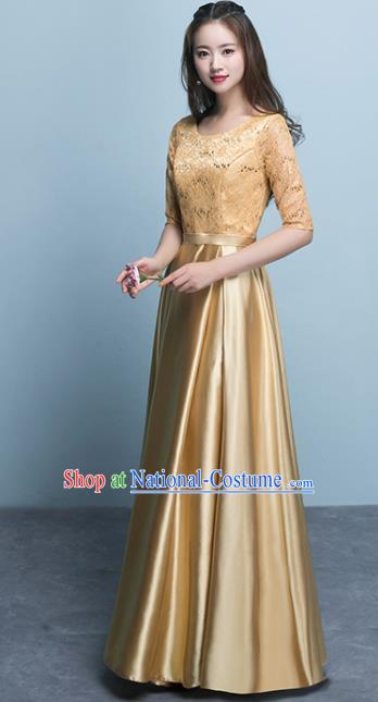 Top Grade Stage Performance Compere Golden Formal Dress Chorus Elegant Lace Full Dress for Women