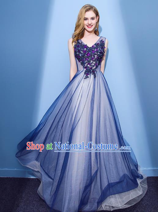 Top Grade Stage Performance Compere Formal Dress Chorus Elegant Blue Veil Full Dress for Women