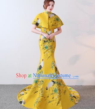 Chinese Traditional Trailing Yellow Qipao Dress Elegant Compere Full Dress for Women