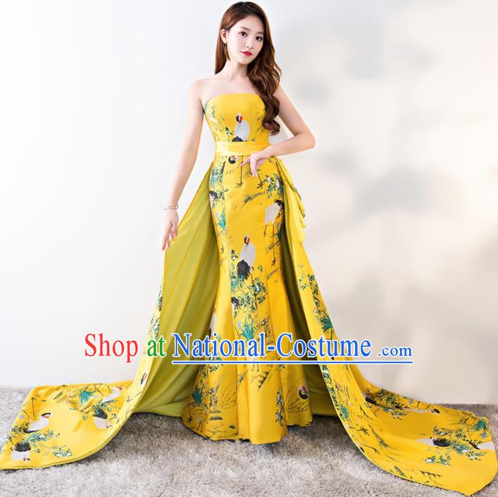 Chinese Traditional Yellow Strapless Qipao Dress Elegant Compere Full Dress for Women