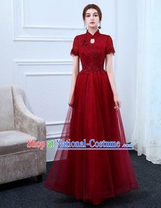 Top Grade Stage Performance Compere Formal Dress Chorus Elegant Red Veil Full Dress for Women