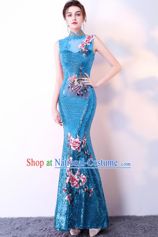 Chinese Traditional Blue Cheongsam Elegant Embroidered Qipao Dress Compere Full Dress for Women