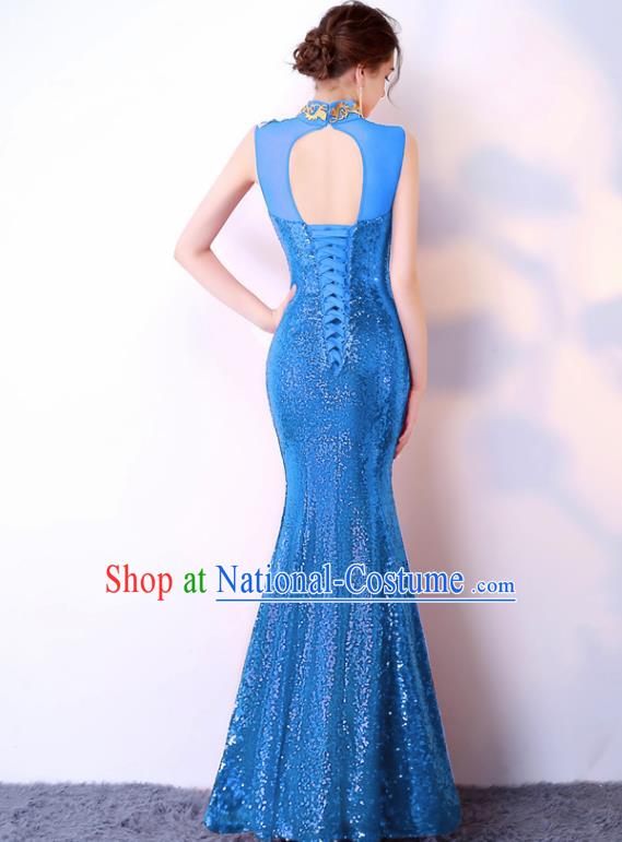 Chinese Traditional Blue Cheongsam Elegant Embroidered Qipao Dress Compere Full Dress for Women