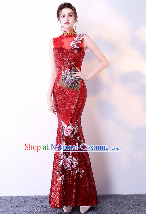 Chinese Traditional Red Cheongsam Elegant Embroidered Qipao Dress Compere Full Dress for Women