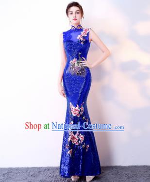 Chinese Traditional Royalblue Cheongsam Elegant Embroidered Qipao Dress Compere Full Dress for Women