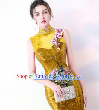 Chinese Traditional Golden Cheongsam Elegant Embroidered Qipao Dress Compere Full Dress for Women