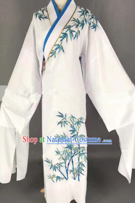 Professional Chinese Traditional Beijing Opera Niche Embroidered Bamboo White Robe Ancient Scholar Costume for Men