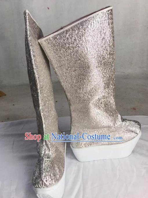 Traditional China Beijing Opera Officer Argent Boots Ancient Chinese Peking Opera Takefu Shoes