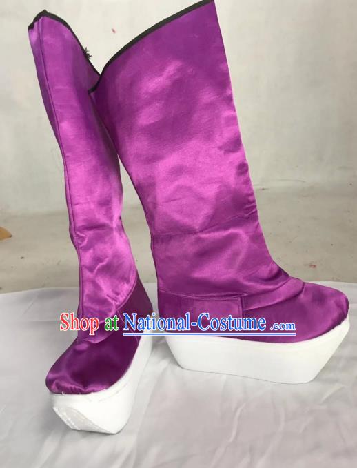 Traditional China Beijing Opera Officer Purple Boots Ancient Chinese Peking Opera Takefu Shoes