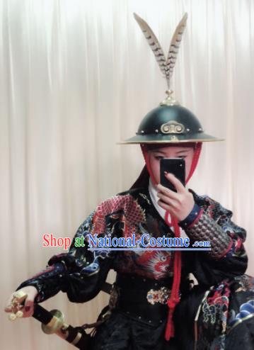 Chinese Traditional Swordsman Helmet Headwear Ancient Ming Dynasty Blades Hat for Men