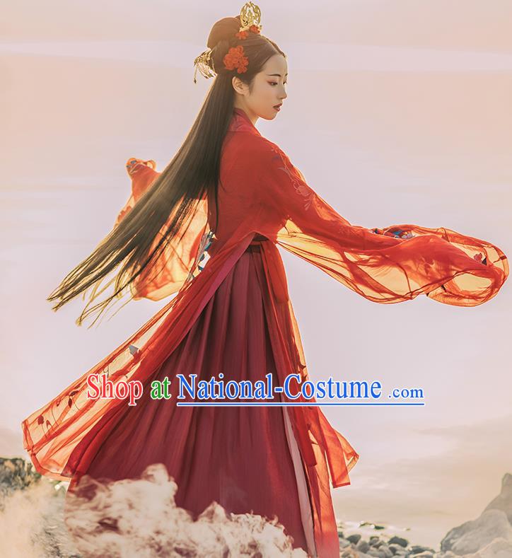 Asian Chinese Tang Dynasty Royal Princess Red Hanfu Dress Traditional Ancient Goddess Wedding Costumes for Women