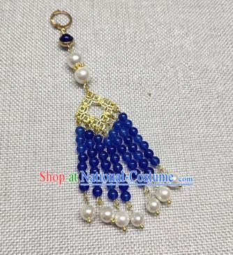 Chinese Traditional Hanfu Royal Blue Beads Tassel Brooch Accessories Ancient Qing Dynasty Queen Breastpin Pendant for Women