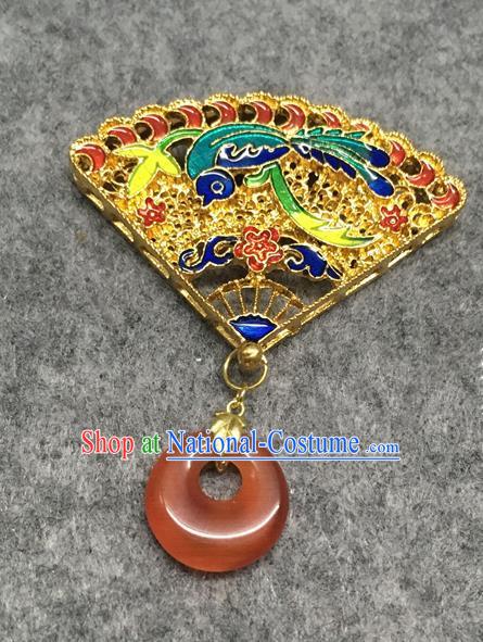 Chinese Traditional Hanfu Accessories Golden Fan Brooch Ancient Qing Dynasty Queen Breastpin for Women