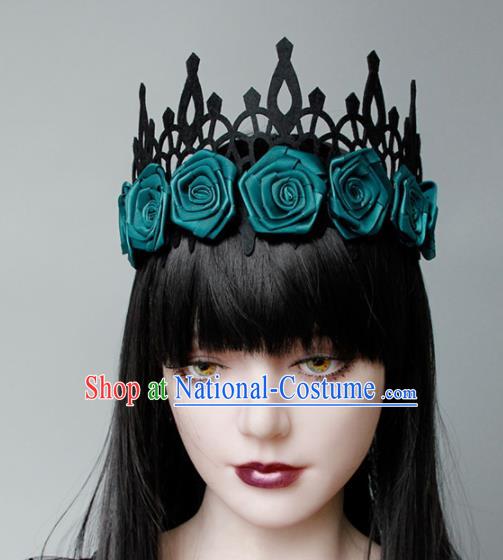 Top Grade Halloween Cosplay Gothic Green Roses Royal Crown Fancy Ball Handmade Hair Accessories for Women