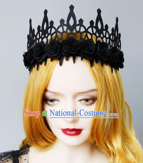 Top Grade Halloween Cosplay Gothic Black Roses Royal Crown Fancy Ball Handmade Hair Accessories for Women