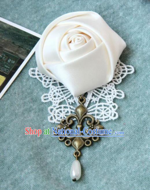 Handmade Gothic White Rose Brooch Accessories Halloween Fancy Ball Cosplay Breastpin for Women