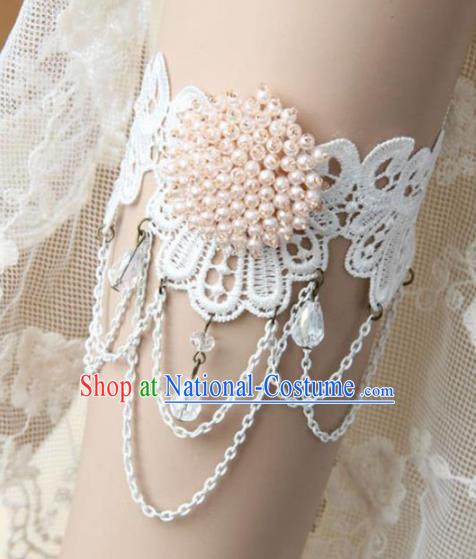 Top Grade Handmade Halloween Cosplay Gothic White Lace Armband Fancy Ball Pearls Bracelet Accessories for Women