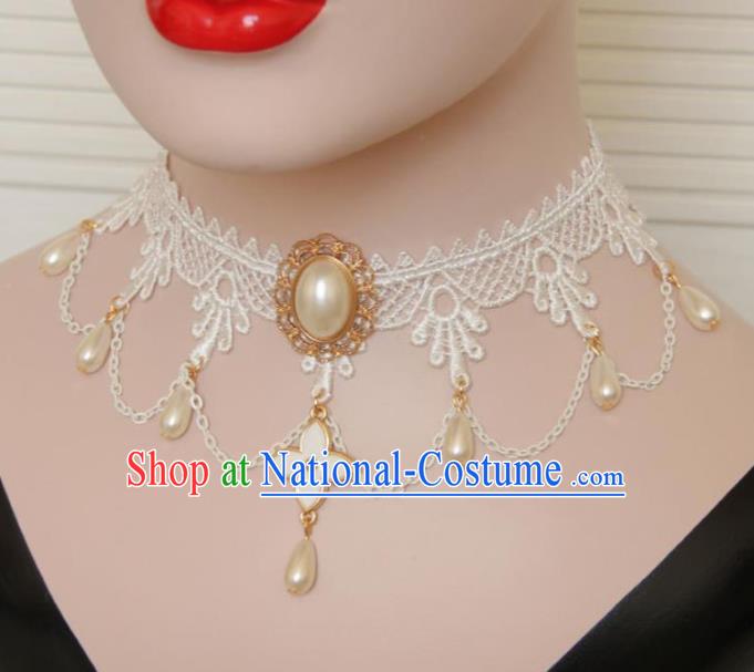 Handmade Halloween Cosplay Gothic Princess White Lace Necklace Fancy Ball Pearls Necklet Accessories for Women