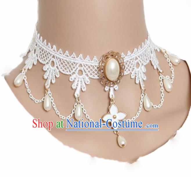 Handmade Halloween Cosplay Gothic Princess White Lace Necklace Fancy Ball Pearls Necklet Accessories for Women