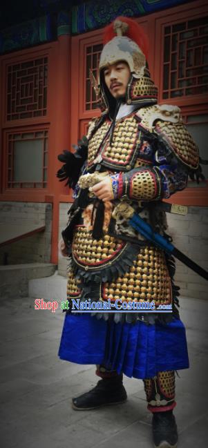 Asian Chinese Traditional Song Dynasty General Body Armor and Helmet Ancient Military Officer Costumes for Men