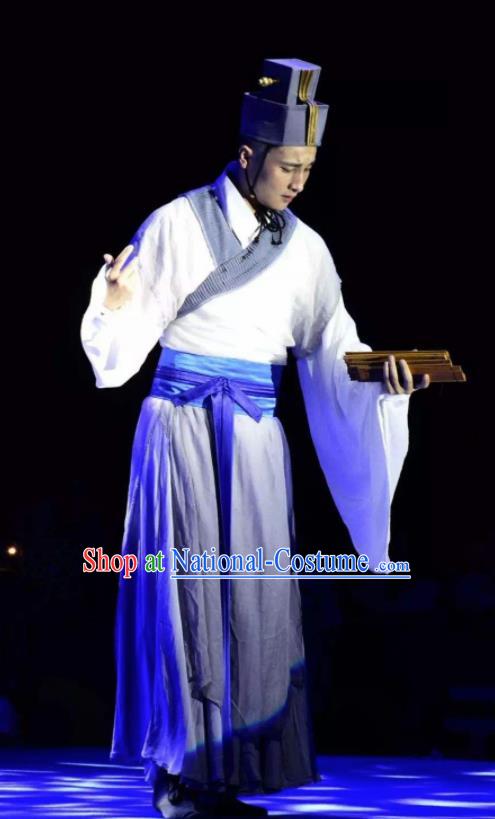 Chinese Ancient Eastern Han Dynasty Minister Cai Lun White Hanfu Costumes Complete Set