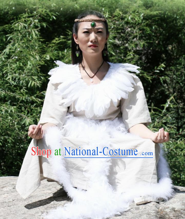 Chinese Ancient Mythology Mother Goddess Nvwa White Dress Empress Wa Costumes Complete Set